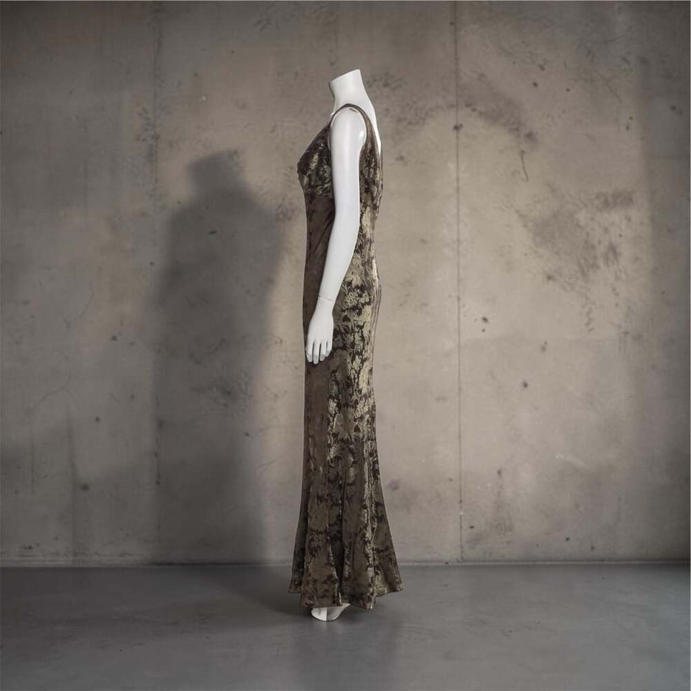 NEW Carmen Marc Valvo 8-10 Evening Gown Silky Dress Olive Taupe Mermaid Fishtail - Picture 3 of 5
